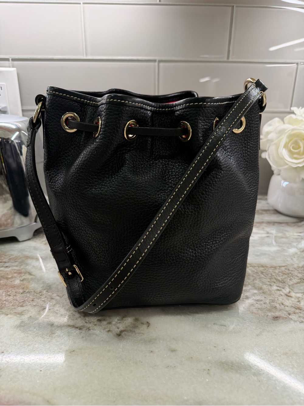 Dooney & Bourke Black Pebbled Leather Drawstring Bucket Bag with Tassel - Picture 4 of 5